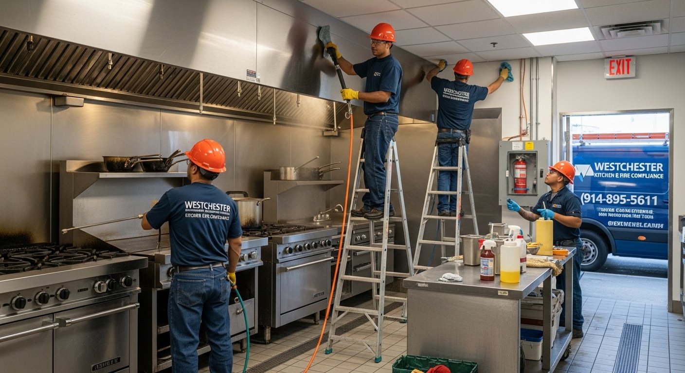 Commercial kitchen hood cleaning crew standing together in uniform