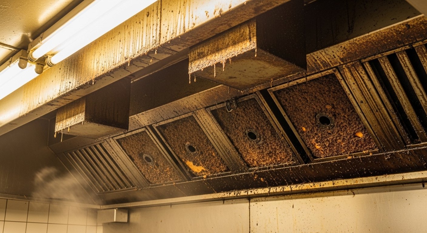 Commercial kitchen exhaust system showing service conditions for commercial kitchen hood cleaning