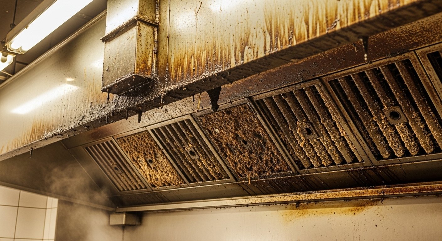 Commercial kitchen exhaust system showing service conditions for NFPA compliance hood cleaning