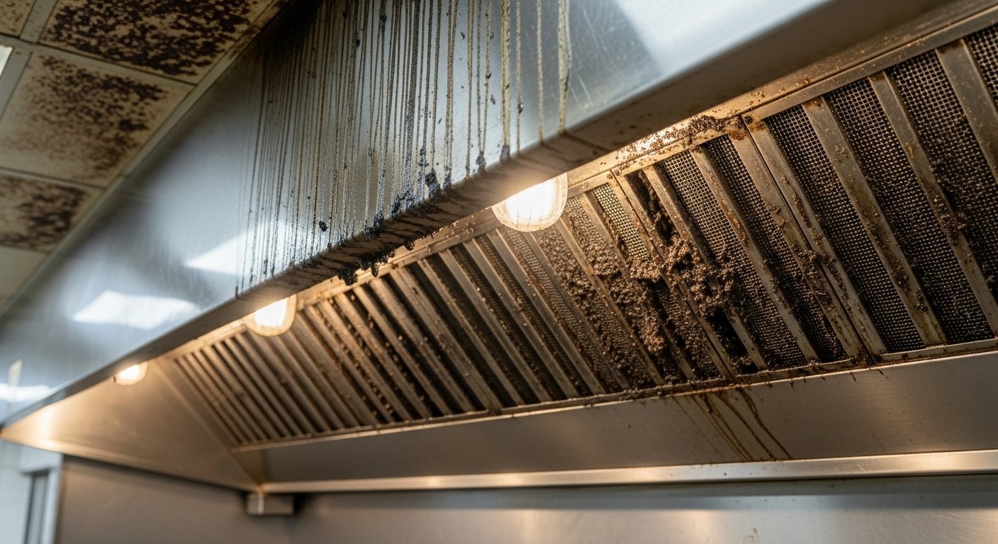 Commercial kitchen exhaust system showing service conditions for exhaust fan cleaning