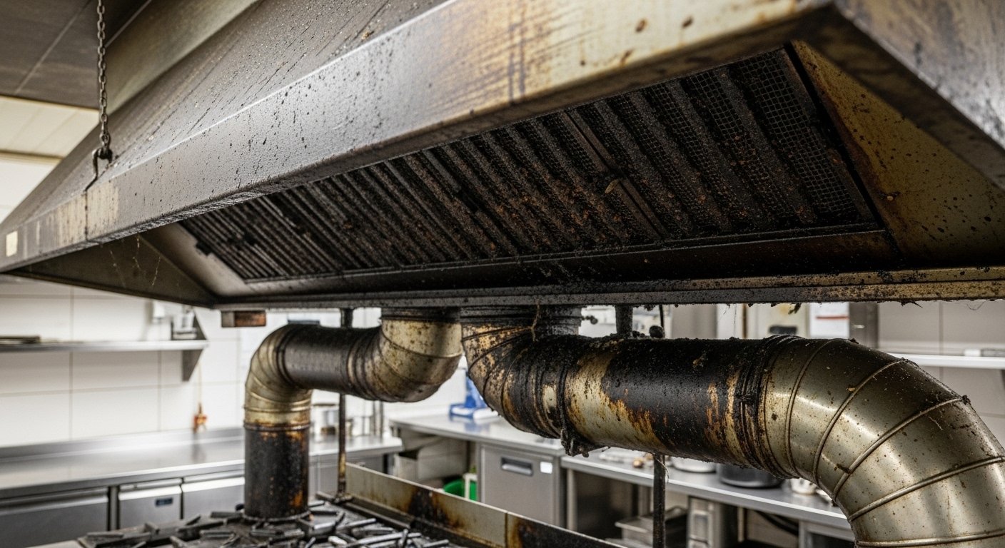 Commercial kitchen exhaust system showing service conditions for emergency hood cleaning