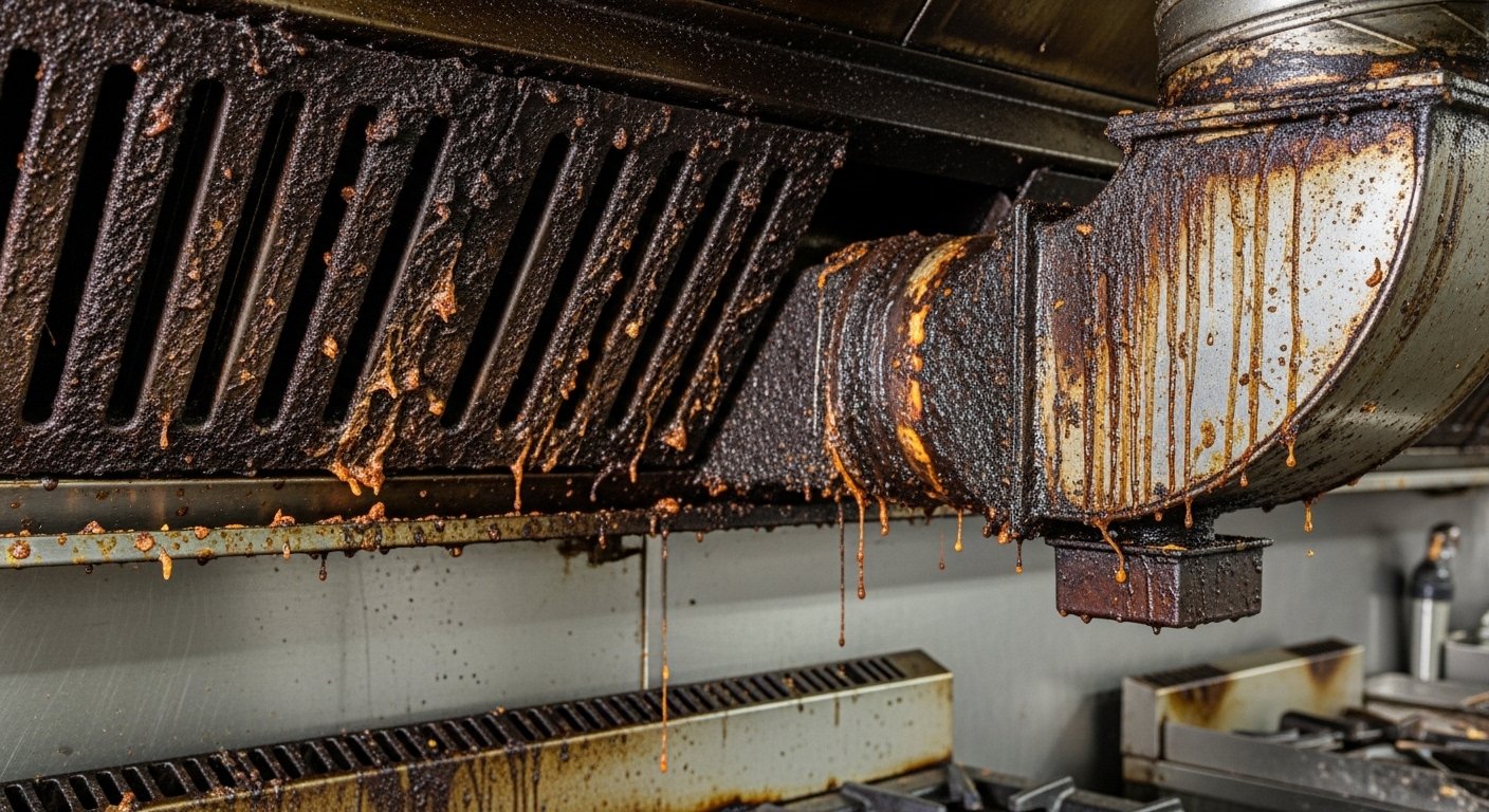Commercial kitchen exhaust system showing service conditions for same-day restaurant hood cleaning