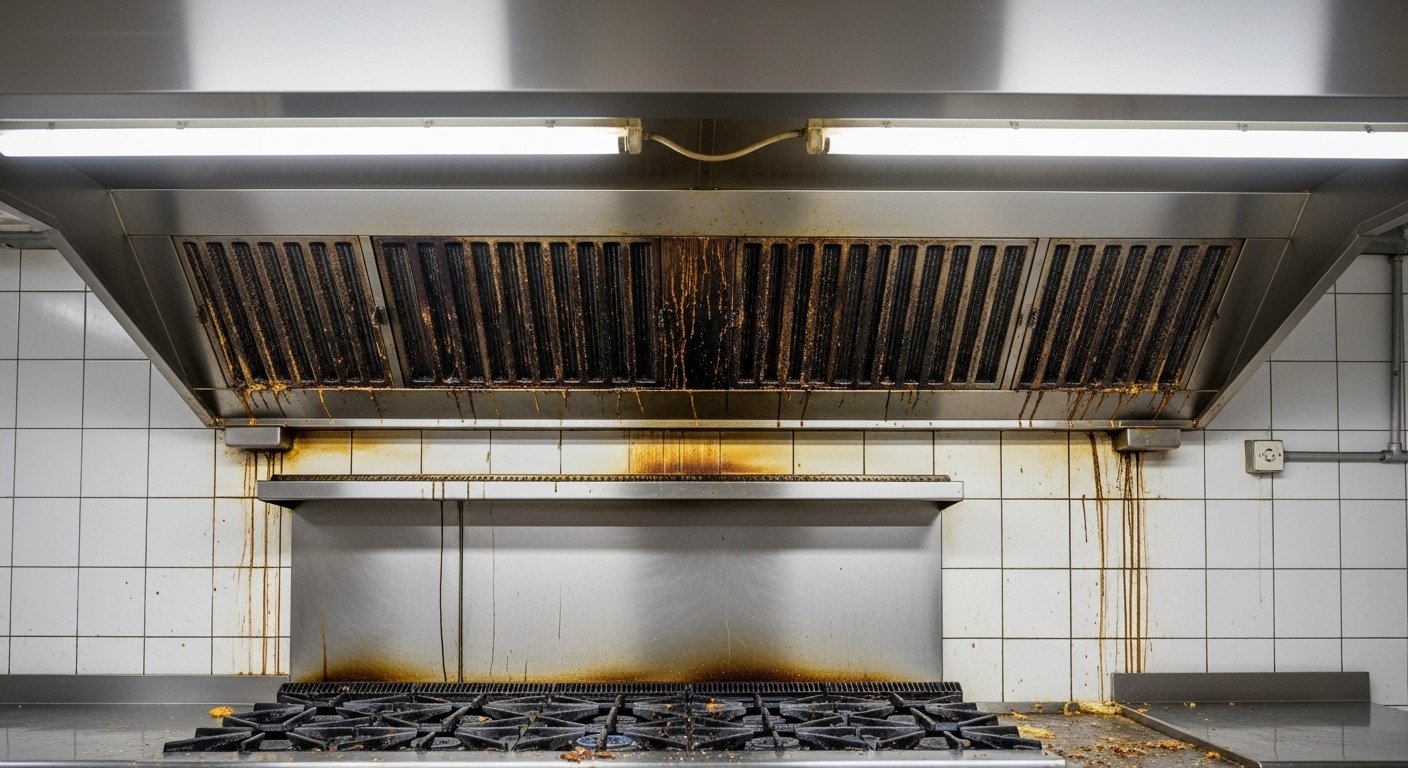 Commercial kitchen exhaust system showing service conditions for overnight commercial hood cleaning