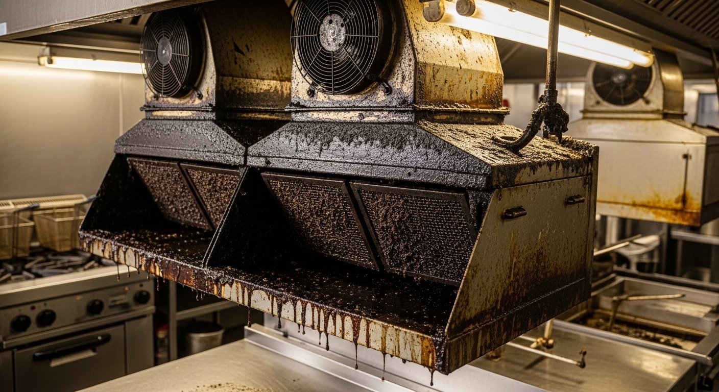 Grease Buildup in Exhaust System issue in a commercial kitchen exhaust system