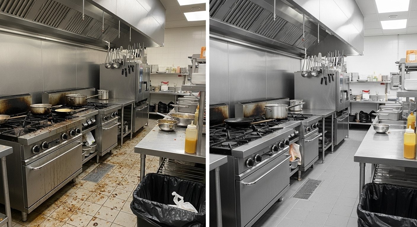 Technician reviewing a commercial kitchen hood system for compliance needs